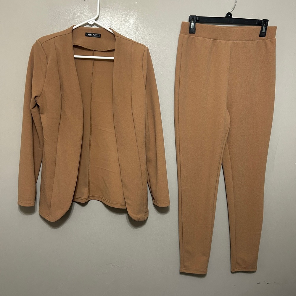 SHEIN Blazer Pants Set Womens L Tan Camel Brown 2 Piece Stretch Co-ord Casual